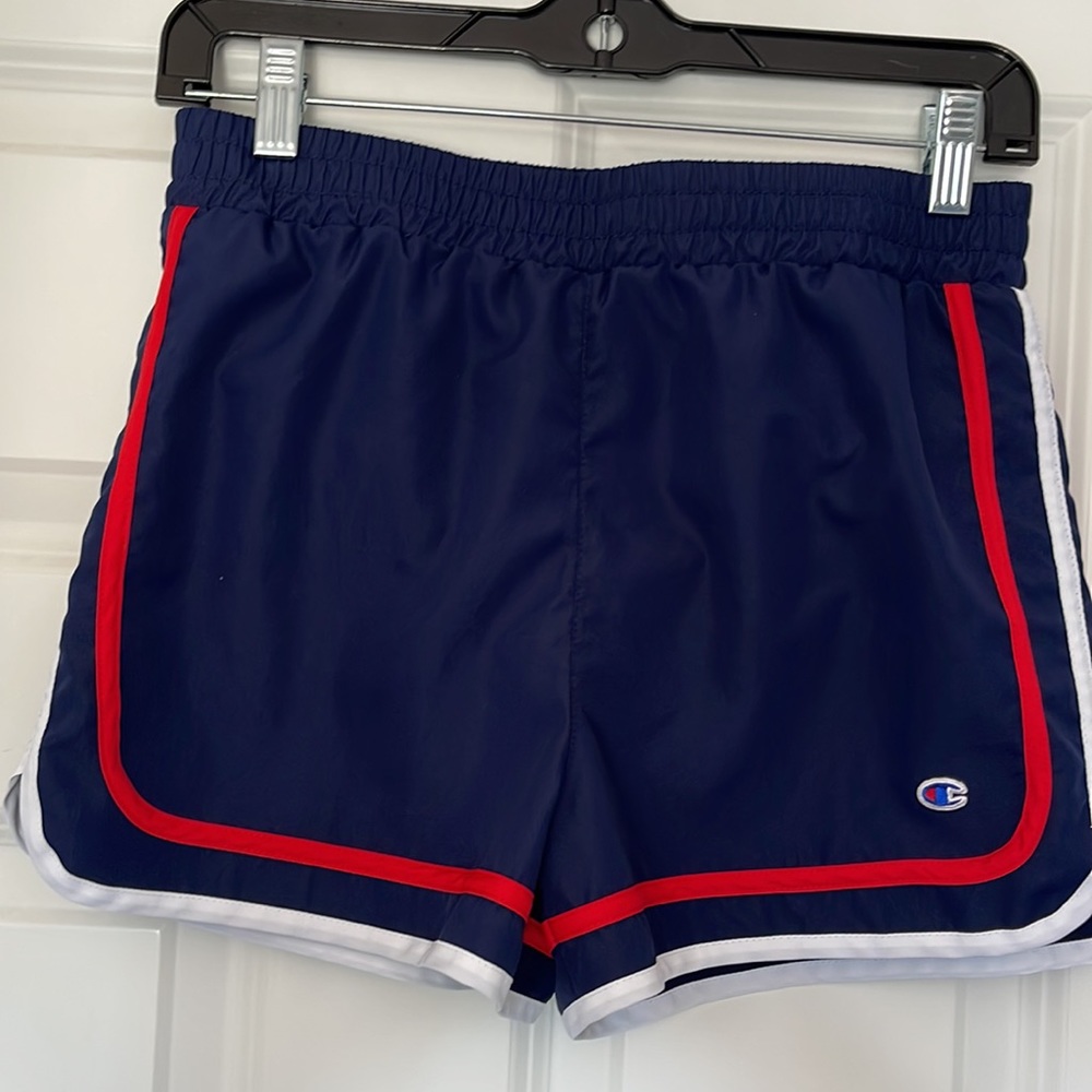 LIKE NEW CHAMPION RUNNING SHORTS. Size XL. Blue w/red & white. Lined. EXCELLENT